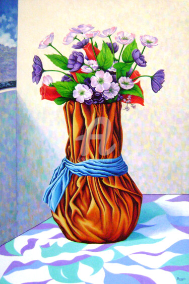 Картина под названием "Jarrón con Flores A…" - Pincay, Подлинное произведение искусства, Масло