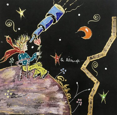 「Le telescope」というタイトルの描画 Pinkhasによって, オリジナルのアートワーク, グワッシュ水彩画