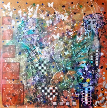 Painting titled "Ces papillons entre…" by Pinkivioletblue, Original Artwork, Acrylic Mounted on Wood Stretcher frame