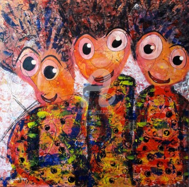 Schilderij getiteld "La tribu des joyeux…" door Pinkivioletblue, Origineel Kunstwerk, Acryl Gemonteerd op Frame voor houten…