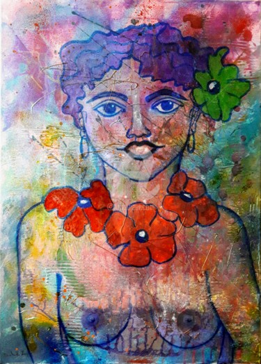 Painting titled "La demoiselle des î…" by Pinkivioletblue, Original Artwork, Acrylic Mounted on Wood Stretcher frame