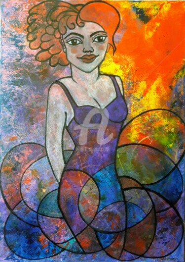 Painting titled "La demoiselle aux m…" by Pinkivioletblue, Original Artwork, Acrylic Mounted on Wood Stretcher frame