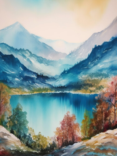 Digital Arts titled "Mountains lake #8" by Piotr Alaborski, Original Artwork, Digital Painting