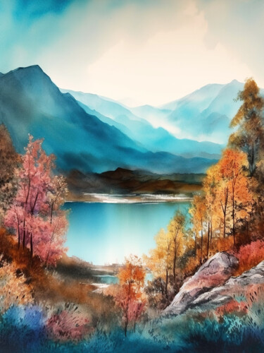 Arte digital titulada "Mountains lake #14" por Piotr Alaborski, Obra de arte original, Acuarela