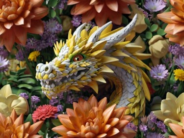 Arte digitale intitolato "Dragon and flowers" da Pixqix, Opera d'arte originale, Immagine generata dall'IA