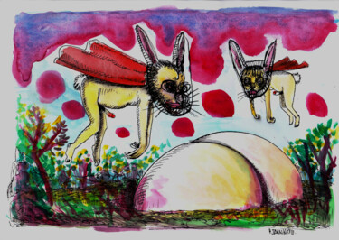 「2 lapins」というタイトルの描画 Patrick Janninによって, オリジナルのアートワーク, インク