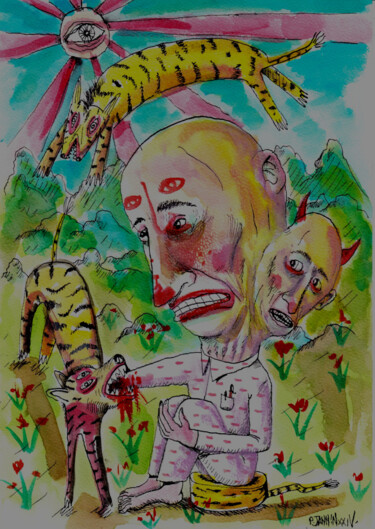 Dessin intitulée "3 guépards" par Patrick Jannin, Œuvre d'art originale, Encre