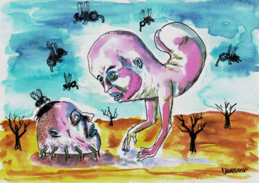 Tekening getiteld "Deux poneys" door Patrick Jannin, Origineel Kunstwerk, Inkt