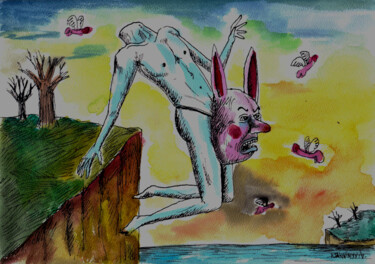 Zeichnungen mit dem Titel "Flyin' Rabbit" von Patrick Jannin, Original-Kunstwerk, Tinte