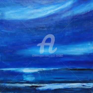 Schilderij getiteld "La mer la nuit" door Pjc, Origineel Kunstwerk, Olie Gemonteerd op Frame voor houten brancard