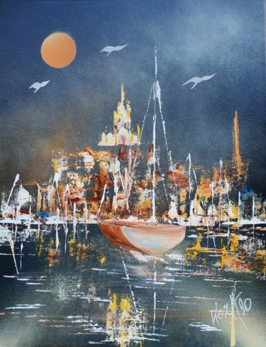 Malarstwo zatytułowany „Pleine lune à Marse…” autorstwa Pascal Koza, Oryginalna praca, Akryl Zamontowany na Drewniana rama n…