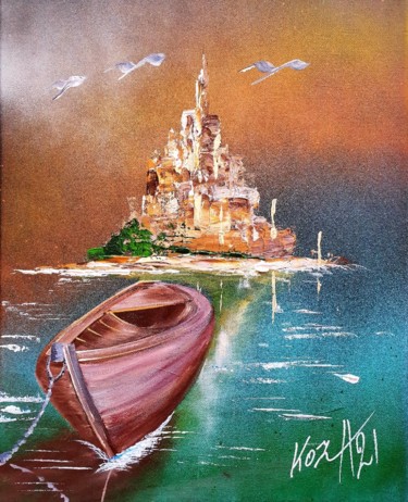 Painting titled "La barque d'un pêch…" by Pascal Koza, Original Artwork, Acrylic Mounted on Wood Stretcher frame