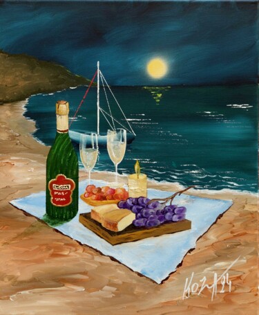 Painting titled "Pic-nic sur la plage" by Pascal Koza, Original Artwork, Acrylic Mounted on Wood Stretcher frame