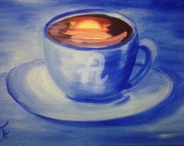 Painting titled "Blue cafe, Cup, Sun…" by Plakhotnyk Nataliia, Original Artwork, Oil