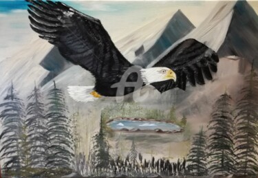 Painting titled "The eagle with man'…" by Plakhotnyk Nataliia, Original Artwork, Oil