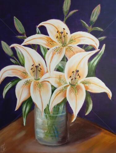 Pittura intitolato "Lilies in vase, Oil…" da Plakhotnyk Nataliia, Opera d'arte originale, Olio