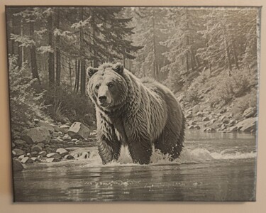 Estampas & grabados titulada "Baignade du grizzly" por Planète Du Jeu, Obra de arte original, Imagen generada por IA Montado…