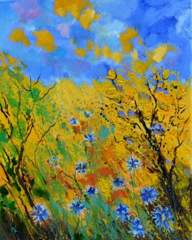 Painting titled "Blue cornflowers" by Pol Ledent, Original Artwork, Oil Mounted on Wood Stretcher frame