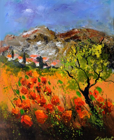 Painting titled "red in poppies Prov…" by Pol Ledent, Original Artwork, Oil Mounted on Wood Stretcher frame