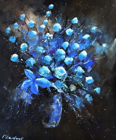 Painting titled "Blus still life" by Pol Ledent, Original Artwork, Oil Mounted on Wood Stretcher frame