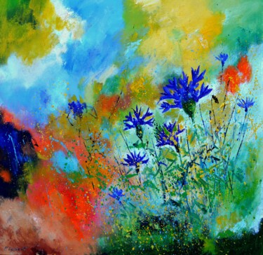 Schilderij getiteld "Blue cornflowers 88" door Pol Ledent, Origineel Kunstwerk, Olie Gemonteerd op Frame voor houten brancard