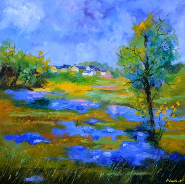 Pittura intitolato "Landscape with blu…" da Pol Ledent, Opera d'arte originale, Olio Montato su Telaio per barella in legno