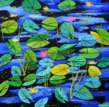 Painting titled "Waterlilies" by Pol Ledent, Original Artwork, Oil Mounted on Wood Stretcher frame