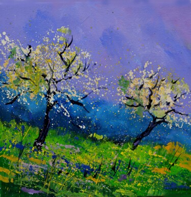 Painting titled "Two trees in spring" by Pol Ledent, Original Artwork, Oil Mounted on Wood Stretcher frame