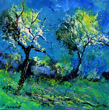 Schilderij getiteld "Two trees in spring…" door Pol Ledent, Origineel Kunstwerk, Olie Gemonteerd op Frame voor houten branca…