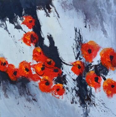 Schilderij getiteld "Flying red poppies" door Pol Ledent, Origineel Kunstwerk, Olie Gemonteerd op Frame voor houten brancard