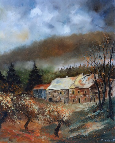 Painting titled "Village in my count…" by Pol Ledent, Original Artwork, Oil Mounted on Wood Stretcher frame