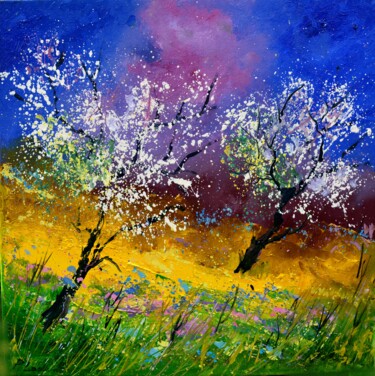 Painting titled "Two appletrees in s…" by Pol Ledent, Original Artwork, Oil Mounted on Wood Stretcher frame