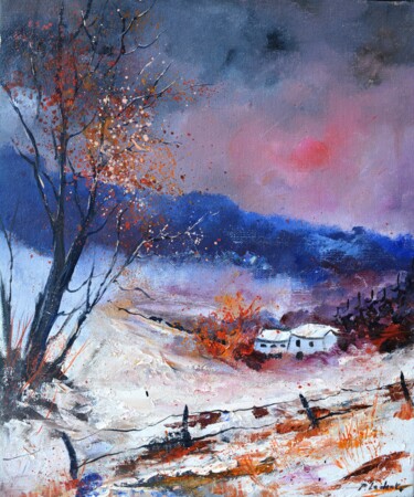 Painting titled "winter landscape 56…" by Pol Ledent, Original Artwork, Oil Mounted on Wood Stretcher frame