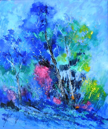 Painting titled "Blue landscape  56" by Pol Ledent, Original Artwork, Oil Mounted on Wood Stretcher frame