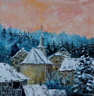 Peinture intitulée "Snow on my village" par Pol Ledent, Œuvre d'art originale, Huile Monté sur Châssis en bois