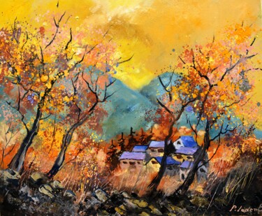 Painting titled "Autumnal scenery 65…" by Pol Ledent, Original Artwork, Oil Mounted on Wood Stretcher frame