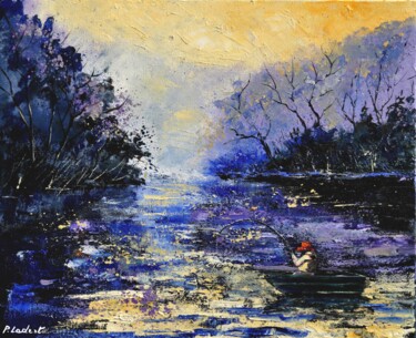 Peinture intitulée "Fishing on a pond" par Pol Ledent, Œuvre d'art originale, Huile Monté sur Châssis en bois