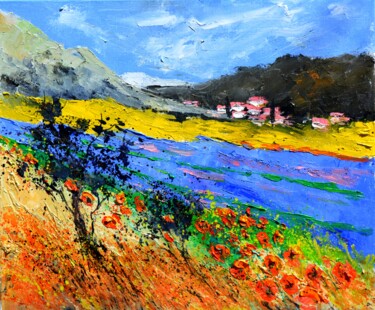 Painting titled "Lavender fiels and…" by Pol Ledent, Original Artwork, Oil Mounted on Wood Stretcher frame