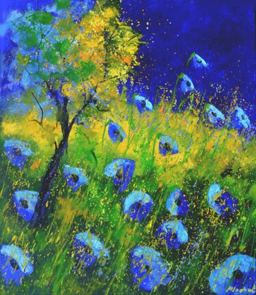 Painting titled "Blue poppies  -  67" by Pol Ledent, Original Artwork, Oil Mounted on Wood Stretcher frame