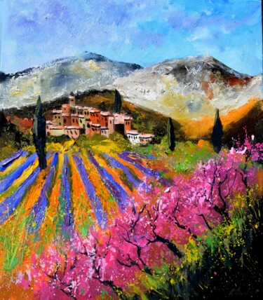 Painting titled "Pink Provence" by Pol Ledent, Original Artwork, Oil Mounted on Wood Stretcher frame