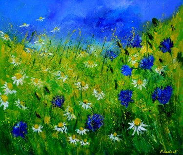 Painting titled "Cornflowers 77556 a…" by Pol Ledent, Original Artwork, Oil Mounted on Wood Stretcher frame