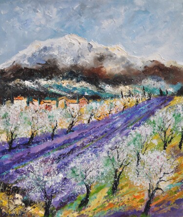 Painting titled "Blooming almond tre…" by Pol Ledent, Original Artwork, Oil Mounted on Wood Stretcher frame