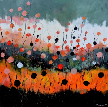 Schilderij getiteld "Peach fuss flowers" door Pol Ledent, Origineel Kunstwerk, Olie Gemonteerd op Frame voor houten brancard