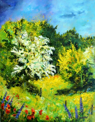 Ζωγραφική με τίτλο "Blooming hawthorn" από Pol Ledent, Αυθεντικά έργα τέχνης, Λάδι Τοποθετήθηκε στο Ξύλινο φορείο σκελετό