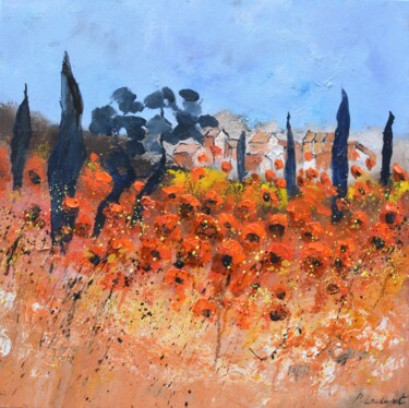 Painting titled "Red poppies in Prov…" by Pol Ledent, Original Artwork, Oil Mounted on Wood Stretcher frame