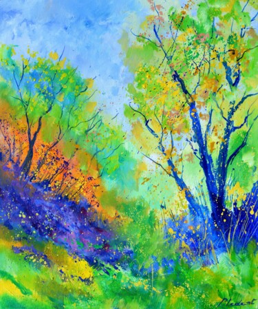 Painting titled "Colourful wood" by Pol Ledent, Original Artwork, Oil Mounted on Wood Stretcher frame