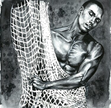 Painting titled "Netted Male" by Polina Turgunova, Original Artwork, Watercolor