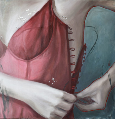 Schilderij getiteld "Red lines" door Polina Kharlamova, Origineel Kunstwerk, Olie Gemonteerd op Frame voor houten brancard