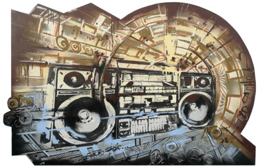 Pintura intitulada "ghettoradio" por Polonova, Obras de arte originais, Tinta spray Montado em Painel de madeira