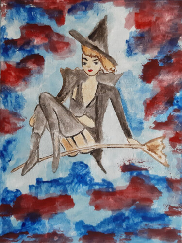 Painting titled "Witch at sunset" by Poly, Original Artwork, Watercolor Mounted on Wood Panel